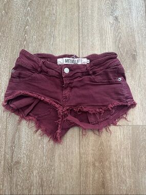 Brandy Melville Burgundy Jean Short Shorts with Fringe EU 36 (xs)
